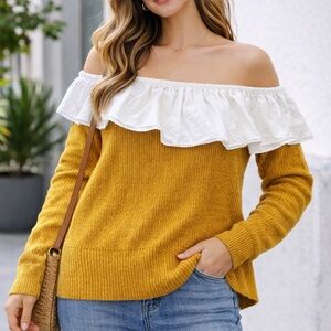 English Factory Mustard Off-Shoulder Sweater with White Trim